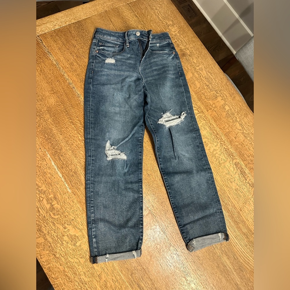 Express Dark Blue Distressed Boyfriend Midrise Jeans
